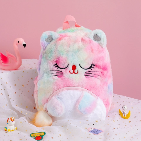 Kids Plush Cat Backpack Cute Cartoon Girls School Bag Rainbow Tie Dye Faux Fur Soft Travel Daypack New Year Gift