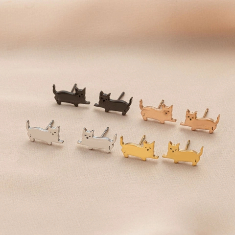 Pendientes De Botón Gato Acero Inoxidable Silueta De Animal Pequeño Estilo Minimalista Simple Mujeres Niñas Joyería