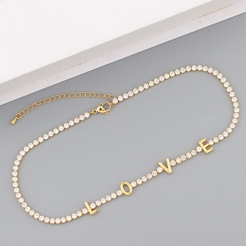 Collar De Letras LOVE De Cobre Chapado En Oro De 18K Circonita Cúbica Cadena Tennis Choker Joyas Mujer