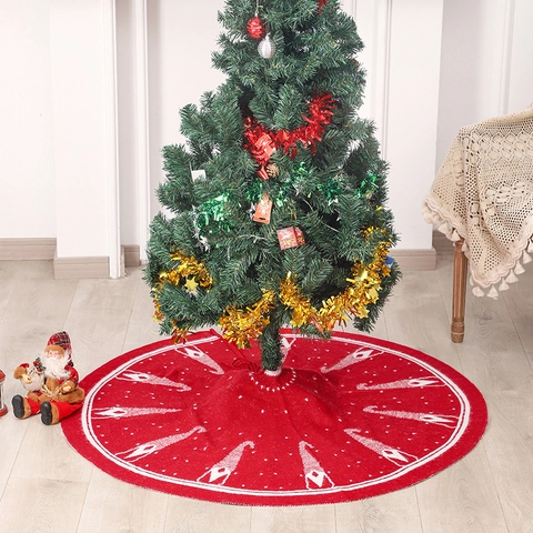 Christmas Tree Skirt Acrylic Knit Gnome Pattern Round Festive Holiday Ornament Decoration Red White With Ties