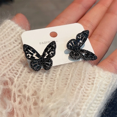 Butterfly Stud Earrings Copper Rhinestone Chic Korean Style Jewelry For Women With Silver Earring Post