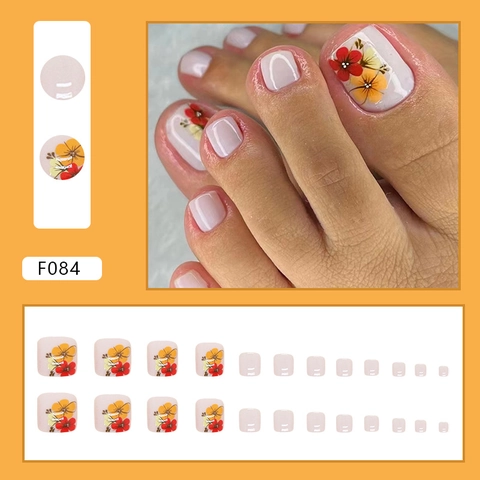 Unghie Finte Per Piedi Con Motivo Floreale Dolce Stile Estivo Fiori Arancioni Unghie Artificiali Per Piedi Indossabili