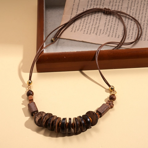 Collier Bohème Perles En Bois Coque De Noix De Coco Longue Chaîne Pull Style Ethnique Rétro Pour Femmes Bijoux Faits Main