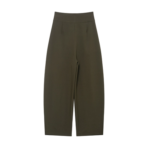 Pantaloni Donna Vita Alta Gamba Larga Tinta Unita Pieghettati Casual Ufficio Poliestere Oliva Profondo