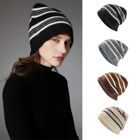 Bonnet En Maille Rayé Beanie Laine Polyester Chaud Hiver Souple Décontracté Unisexe