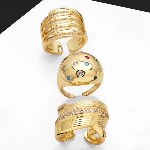 Minimalist Irregular Double Layer Gold Plated Copper Ring With Zirconia For Women Trendy Open Adjustable Finger Jewelry