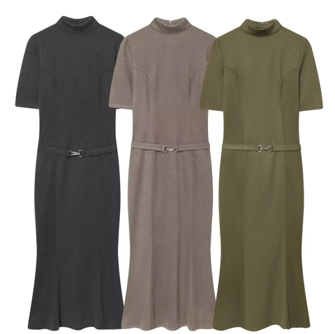 Women Mermaid Midi Dress High Neck Short Sleeve Knit With Belt Slim Fit Elegant Socialite Solid Color
