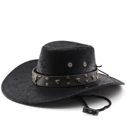 Cappello Da Cowboy Western Americano Vintage Ecopelle Tesa Larga Rivetto Testa Di Toro Arredamento Viaggio All'aperto
