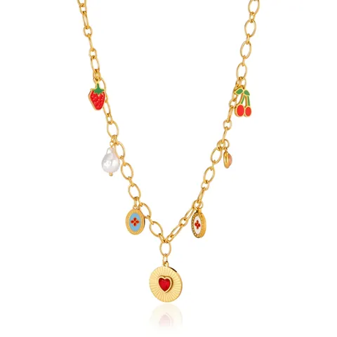 Pendant Necklace Gold Plated Stainless Steel With Strawberry Cherry Heart Charms Artificial Pearl Fashion Jewelry For Women