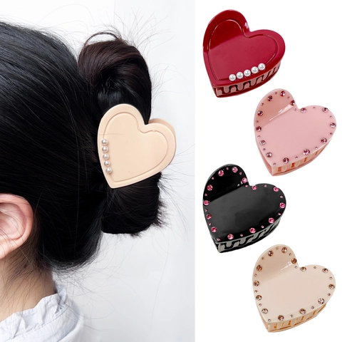 Heart Shaped Hair Claw Clips Acetate Rhinestone Faux Artificial Pearl Shark Clips Sweet Romantic Hair Accessories For Women