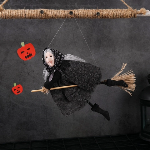 Halloween Witch Hanging Decoration Riding Broomstick Cloth Doll Festive Party Ornament Haunted House Prop