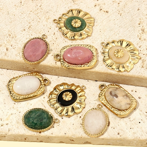 Colgantes Vintage Franceses Para Fabricación Joyas DIY Acero Inoxidable Piedra Natural Chapado Oro Flor Ovalada Geométrica