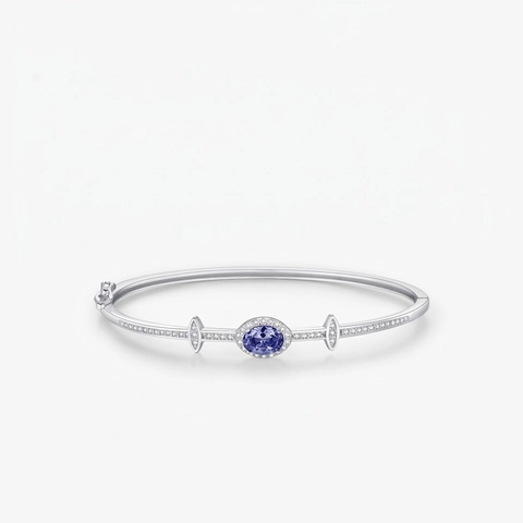 925 Sterling Silver Bangle Bracelet Elegant Oval Blue Zircon Inlaid Geometrical For Women Minimalist Sparkling Fine Jewelry