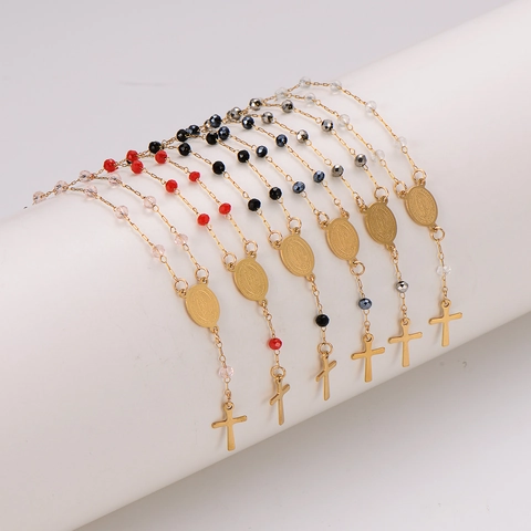 304 Stainless Steel Rosary Bracelet 18K Gold Plated Faceted Beads Religious Cross Virgin Mary Medal Adjustable Jewelry