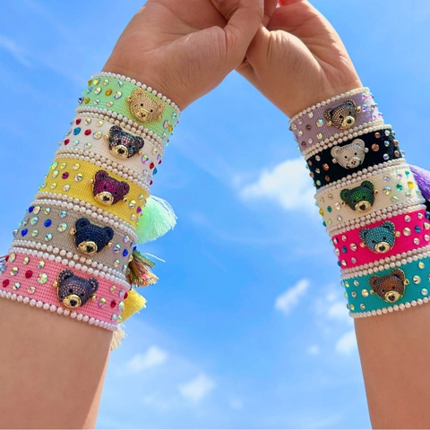 Handgemaakte Gevlochten Beer Cartoon Strass Kleurrijke Webbing Armband Mode Kwastje Polsband Legering Kunstparel Sieraden Vrouwen