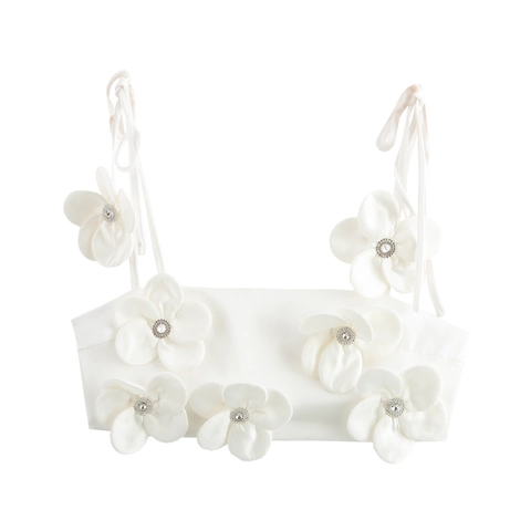 Top Corto De Satén Blanco Para Mujer Con Flores 3D De Pedrería Espalda Fruncida Sexy Dulce Cami