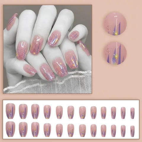 Press On Nails Purple Geometric Lines Gold Glitter Star Accents Pink Base Abstract Fashionable Elegant For Women