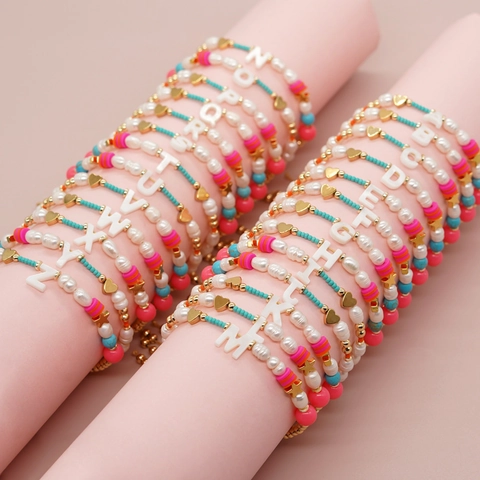 Pulsera Letra Inicial Imitación Perla Artificial Concha Cuentas Aleación Corazón Estrella Dije Bohemia Ajustable Hecha A Mano