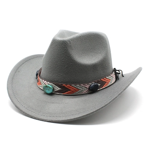 Western Cowboy Fedora Hat Woolen Felt Ethnic Woven Band Turquoise Decor Retro Jazz Cap Wide Brim Sun Protection