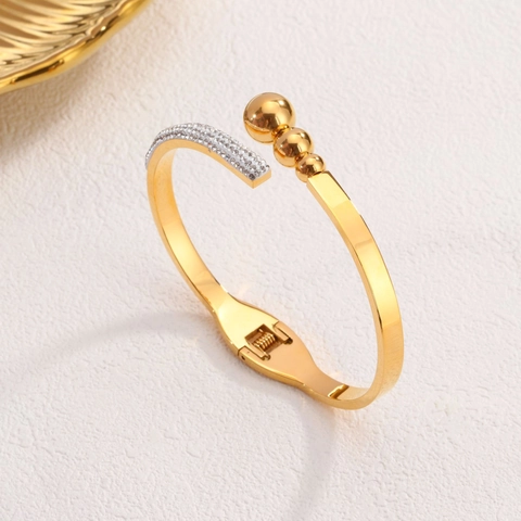 Fashion Stainless Steel Open Bangle With Rhinestone And Metal Beads Elegant Hinged Bracelet For Women Commuter Jewelry