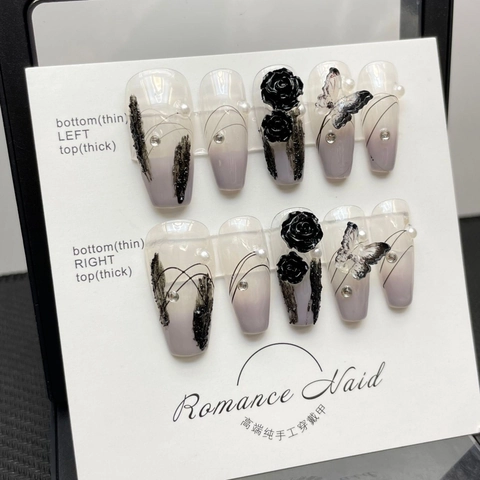 Handmade Press On Nails Black Rose Butterfly Artificial Pearl Relief Rhinestone Decor Dark Aesthetic Elegant Manicure For Women