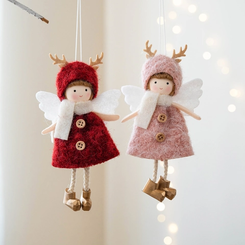 Ornamento Appeso Angelo Di Natale In Peluche Con Corna Di Renna Maglia Ali Feltro Bottoni In Legno Decoro Albero
