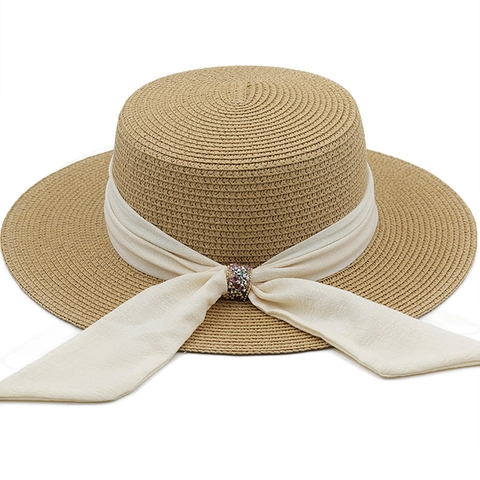Cappello Di Paglia Boater Elegante Da Donna Tesa Larga Protezione Solare Spiaggia Stile Retrò Francese Con Fibbia Strass