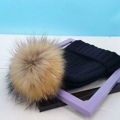 Women Winter Knitted Beanie Hat Large Fox Fur Pom Pom Warm Thick Acrylic Cuffed Skull Cap Casual Outdoor Fashion Headwear