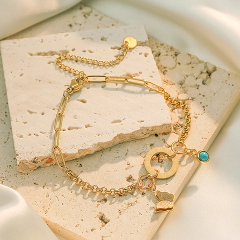 Fashion Women Gold Plated Titanium Steel Butterfly Pendant Bracelet With U-shaped Chain Roman Numerals Blue Bead Jewelry