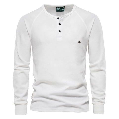 Men Henley Shirt Long Sleeve Waffle Knit Cotton Blend Solid Color Round Neck Casual Breathable Tops