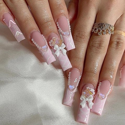 Lange Coffin Press On Nails Roze French Tip Marmer Ontwerp Met 3D Strik En Kunstparels Decoratie Zoete Elegante Kunstnagels