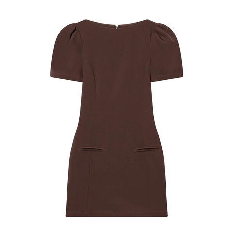 Women Short Sleeve Mini Dress Polyester Bubble Sleeve Round Neck With Pockets High Waist Casual Chic Slim Fit