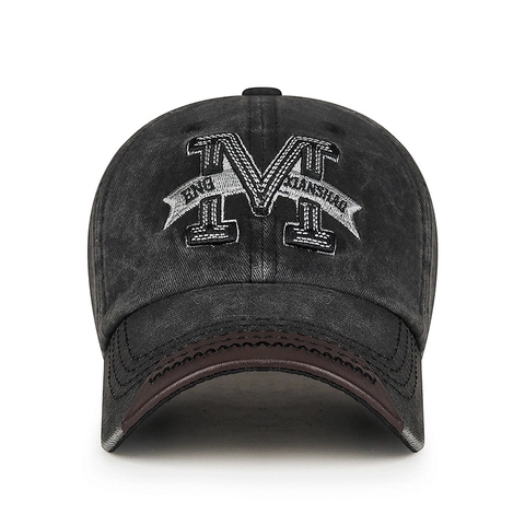 Vintage Washed Cotton Baseball Cap Letter M Embroidery Leather Brim Adjustable Outdoor Distressed Dad Hat For Men Women