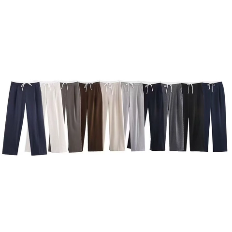 Pantalones De Pierna Ancha Para Mujer Cintura Doble Cordón Elástico Cintura Alta Poliéster Holgados Casuales