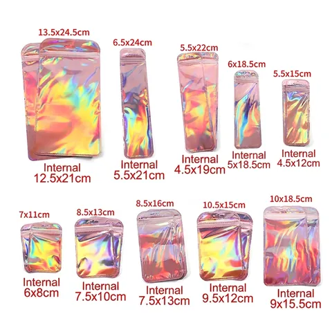 Holografische Laser Druckverschlussbeutel Kunststoff Reißverschluss Schmuckverpackung Regenbogen Wasserdicht Aufhängeloch Beutel