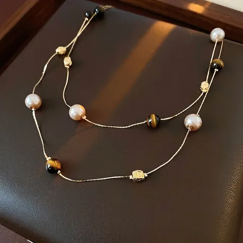 Zweilagige Lange Pulloverkette Mit Künstliche Perlenimitationen Und Tigerauge Künstliche Perlen Goldene Legierungskette Für Damen Vintage Elegant