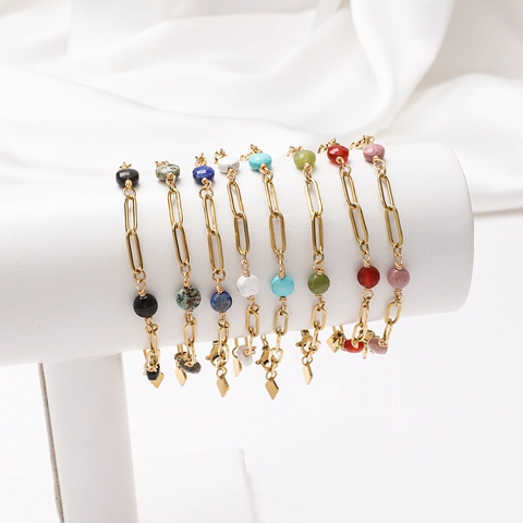 Bracciale A Catena Paperclip Con Pietra Naturale Acciaio Inossidabile Placcato Oro Perline Colorate Gioielli Da Donna Elegante