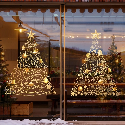 Christmas Tree Window Static Stickers Gold Snowflakes Stars Pattern PVC Glue Free Festive Holiday Store Decoration