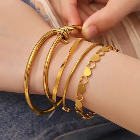 Minimalist Stainless Steel Hollow Heart Knot Bangle Bracelet 18K Gold Plated Geometric Cuff Jewelry For Women