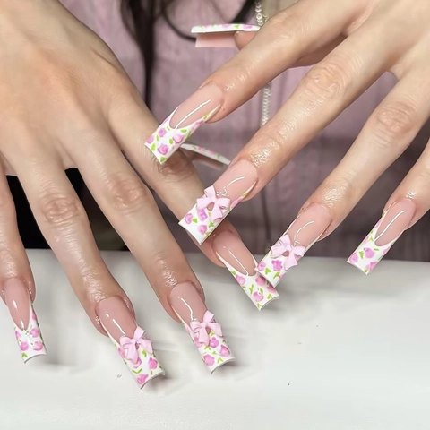 Uñas Postizas Largas Ataúd Rosa Francés Floral Rosa 3D Lazo Puntas De Uñas Artificiales Estilo Dulce