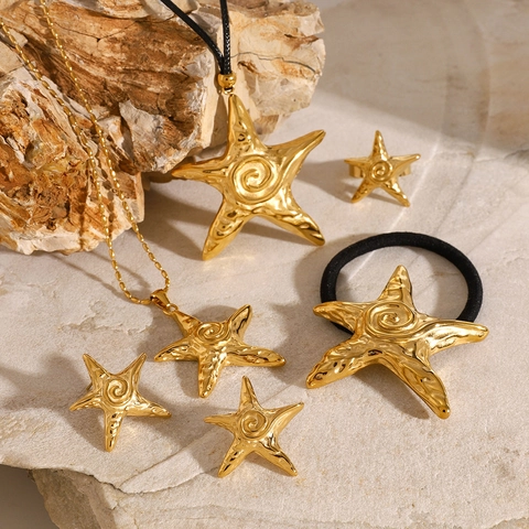 Stainless Steel Starfish Jewelry For Women Gold Plated Sea Star Earrings Necklace Ring Hair Tie Ocean Style Fashion Accessory