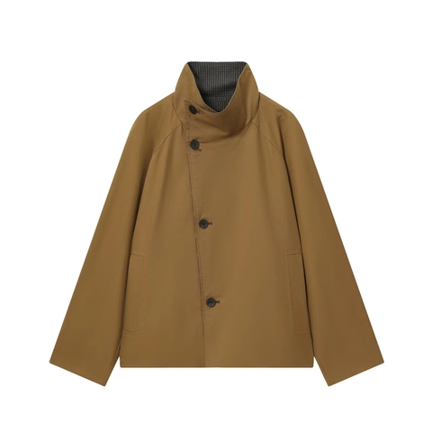Damen Kurzer Trenchcoat Jacke Stehkragen Einreihig Wendbar Köper Lässige Minimalistische Oberbekleidung