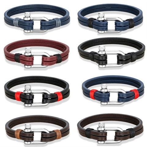 Bracelet En Cuir Tissé À La Main Boucle En U En Acier Inoxydable Cordon Multi-Couches Style Nautique Pour Hommes Unisexe