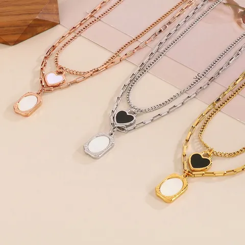 Layered Necklace Stainless Steel Heart And Square Shell Pendant Vintage Stacked Collarbone Chain For Women