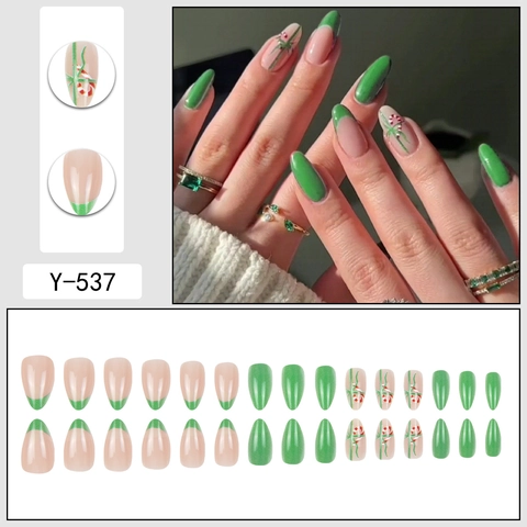 Weihnachts-Nägel Zum Aufpressen Mandelform Grün French Tip Zuckerstange Glänzend Falsche Nägel Für Frauen