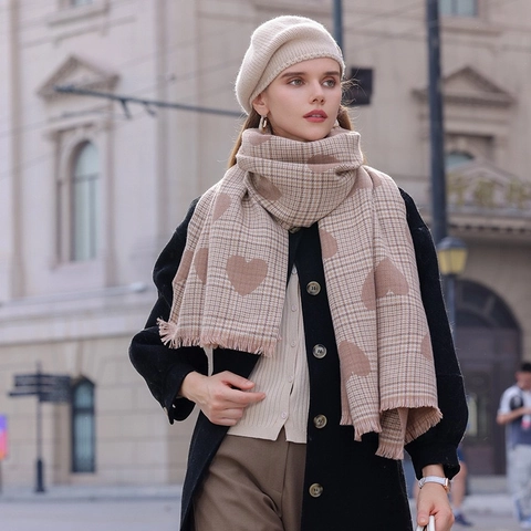 Bufanda De Invierno Cálida Para Mujer Chal Doble Cara Imitación Cachemira Pata De Gallo Patrón Corazón Flecos Elegante