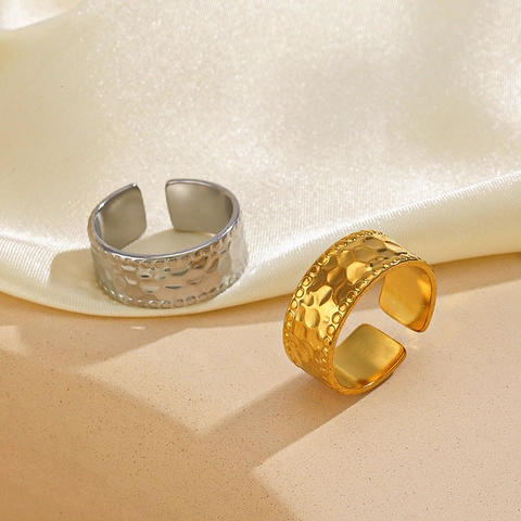 Edelstahl Offener Verstellbarer Ring Damen Hammerschlag Textur Perlenrand Retro Mode Breites Band Schmuck