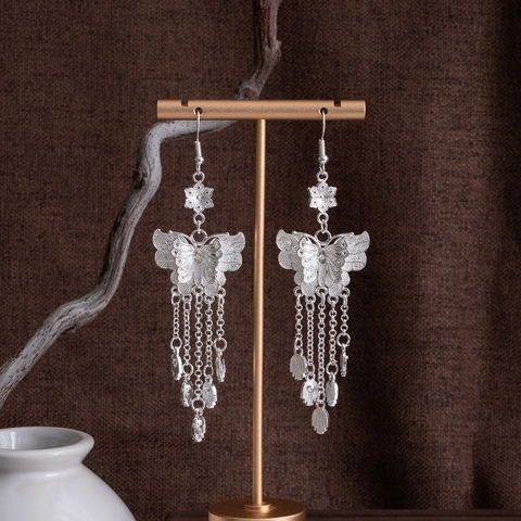 Ethnic Long Tassel Drop Earrings Silver Tone Alloy Hollow Out Butterfly Peacock Flower Vintage Bohemian Tribal Jewelry For Women