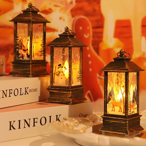 Weihnachten LED Laterne Dekorative Retro Hängelampe Warmes Licht Weihnachtsmann Schneemann Muster PVC Tischdekoration