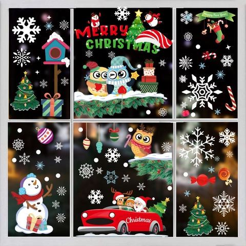 Christmas Window Stickers Static Cling PVC Double Sided Santa Claus Owl Snowflake Holiday Glass Decals Decoration